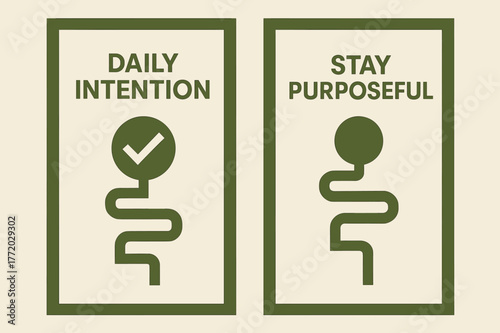 Daily Intention Banners. Daily intention. Two vertical A6 banners with safe margins, centered composition, no elements touching edges, geometric, olive green