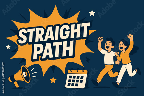 Joyful Celebration Banner. Straight Path (Sirat) banner, flat vector illustration, bold oversized text inside splash explosion, cartoon characters running and