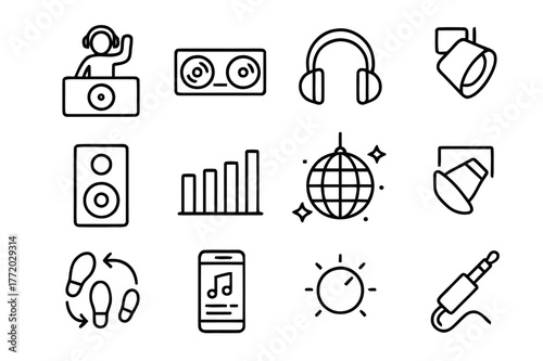 DJ Icon Set. DJ and Dancefloor. Line icon set of DJ and Dancefloor: DJ booth, turntables, headphones, mixer sliders, speaker, equalizer bars, disco ball,