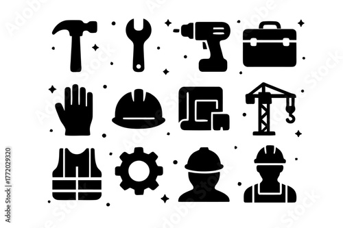 Labor Tools Icons. Labor Tools. Solid icons set of Labor Tools: hammer, wrench, drill, toolbox, gloves, hard hat, helmet, blueprint, crane, safety vest, gear,