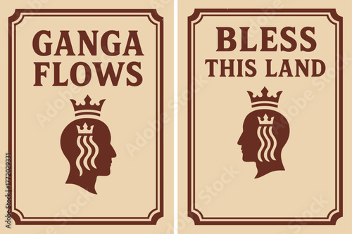 Ganga's Blessing Banners. Ganga?s Blessing. Two vertical A6 banners with safe margins, centered composition, no elements touching edges, retro, maroon and
