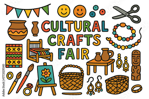 Cultural Crafts Fair Icons. Cultural crafts fair. Colorful Hand-drawn doodle Children illustration Cultural crafts fair handmade pottery, weaving loom, beads,
