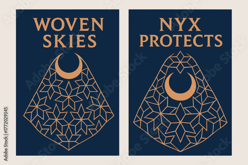 Geometric Celestial Cloak. Constellation Loom. Two vertical A6 banners with safe margins, centered composition, no elements touching edges, geometric, sapphire