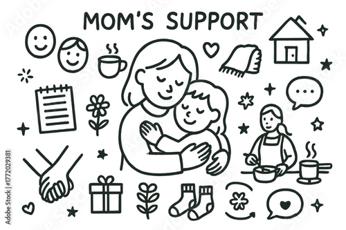 Mother's Loving Embrace. Mom?s Support. Hand-drawn doodle illustration Mom?s Support mother hugging child, heart, smiling faces, cup of tea,