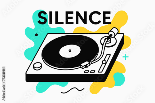 Turntable Afterparty Silence. DJ turntable ? Afterparty calm down. Turntable slows to a gentle stop; neon lights fade to soft gradients. Word ?SILENCE? floats