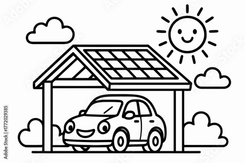 Solar Carport Coloring Fun. Solar carport children?s coloring book illustration, outlined drawing, a cheerful car parked under a solar roof while the sun