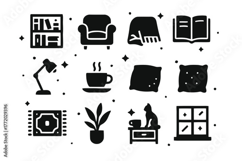 Cozy Reading Icons. Book Lover?s Spot. Solid icons set of Book Lover?s Spot: bookshelf, armchair, book, lamp, blanket, coffee cup, cushion, rug, plant, side