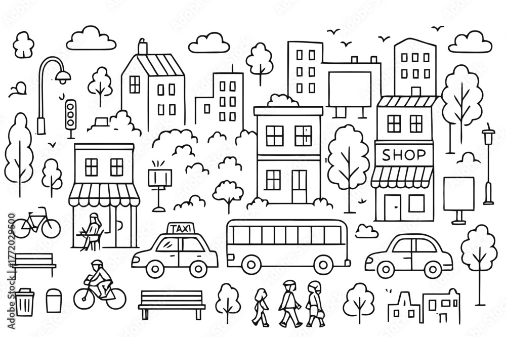 Fototapeta premium City Street Doodle. Hand-drawn doodle illustration. city street scene. Hand-drawn doodle illustration city street scene, buildings, cars, buses, taxis,