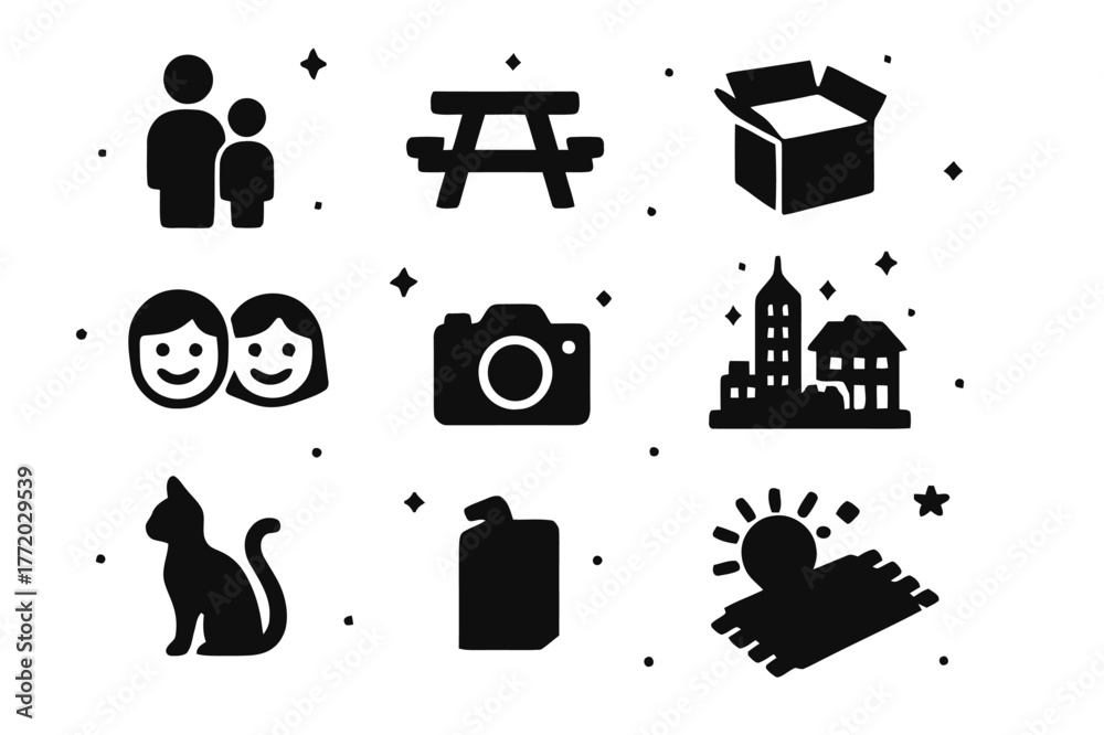 Fototapeta premium Family Fun. Family Day. Solid icons set of Family Day: parent and child, picnic table, open box, smiling faces, camera, completed city, cat pet,