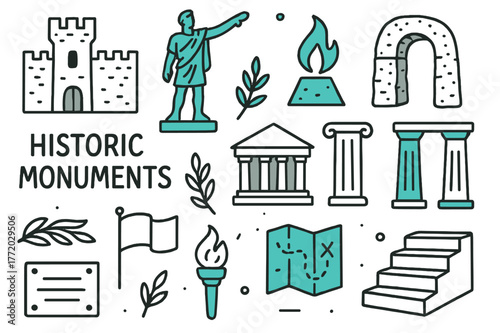 Historic Monument Doodles. // Historic monuments. Hand-drawn doodle illustration Historic monuments [fortress (accented), statue (accented), memorial flame