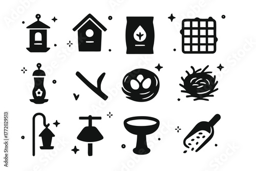 Bird Feeders Icons. Bird feeders and nesting. Solid icons set of bird feeders and nesting: hanging feeder, birdhouse, seed bag, suet cake, nectar bottle, perch