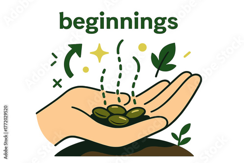 Seeds of Growth. Seeds. A handful of seeds rests on open soil; small dotted lines trace potential sprouts upward. Caption ?beginnings? floats softly above.