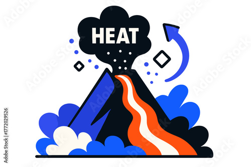 Dynamic Volcanic Landscapes. Abstract Landscapes ? Volcanic Shapes. Triangular peak glows with a clean lava ribbon; sparks rise as geometric dots. Caption