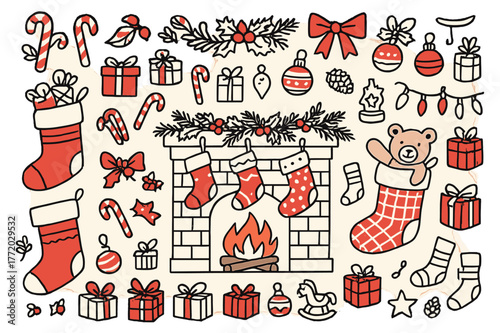 Festive Holiday Stockings. Holiday stockings. Hand-drawn doodle illustration Christmas stockings (colored), fireplace (colored), mantel (colored), candy canes