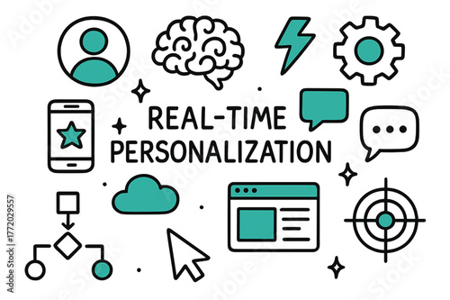 AI Personalization Elements. // Real-time personalization. Hand-drawn doodle illustration Real-time personalization [user profile (accented), AI