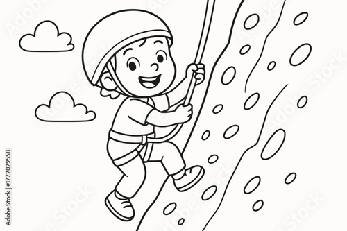 Fun Rock Climbing. Rock climbing children?s coloring book illustration, outlined drawing, friendly child climbing a big rock wall with a smile and safety rope,