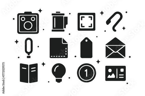 Vintage Camera Icons. Box Cameras and Kodak. Solid icons set of Box Cameras and Kodak: brownie camera, roll film spool, viewfinder window, shutter lever, carry
