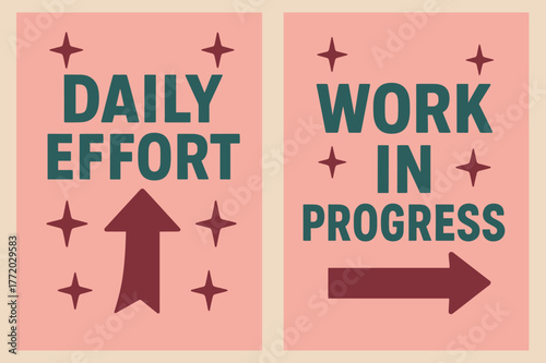 Retro Motivational Banners. Daily effort. Two vertical A6 banners with safe margins, centered composition, no elements touching edges, retro, pink and teal,