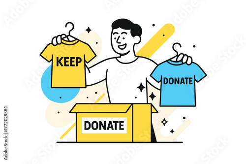 Closet Declutter Joy. Closet Declutter Moment. A smiling person holds two shirts?one marked ?Keep,? one ?Donate.? Light geometric sparkles float around the