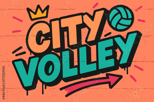 City Volley Graffiti. . City Volley ? Graffiti Simplified: thick bubble/block letters on a forward tilt; flat spray fills with crisp drips; arrow ticks, crown,