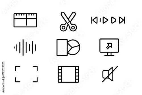 Video Editing Icons. Video Editing. Line icon set of Video Editing: timeline, playhead, scissors cut, playback controls, clip segment, sound wave, transition