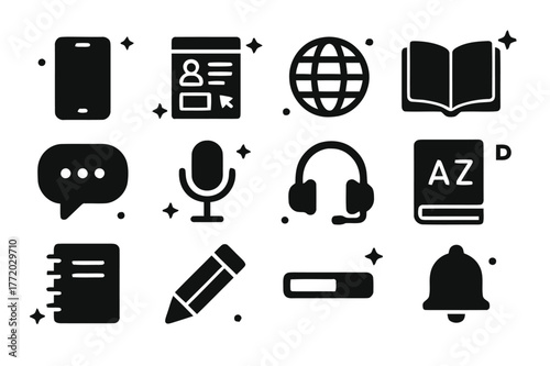 Learning Journey Icons. Learning Journey. Solid icons set of Learning Journey: smartphone, app interface, globe, book, chat bubble, microphone, headset,