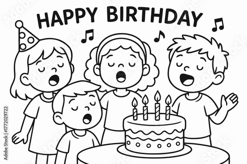 Birthday Singing Children. Singing ?Happy Birthday? children?s coloring book illustration, outlined drawing, group of smiling children singing around a