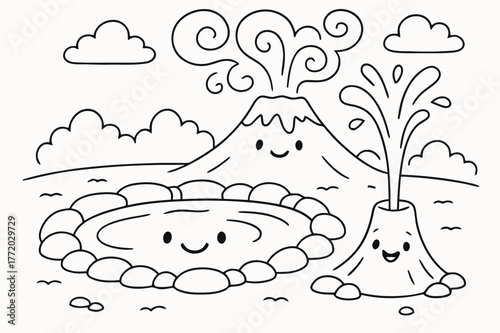 Kid's Geyser Coloring Page. Hot springs and geysers children?s coloring book illustration, outlined drawing, a smiling hot spring pool and a tiny geyser beside