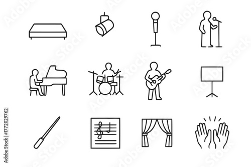 Musical Rehearsal Icons. A Musical Theater Cast Rehearsing a Song in Front of a Live Band. Line icon set of A Musical Theater Cast Rehearsing a Song in Front