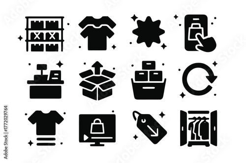 Consumerism Icons Grid. Overproduction and overconsumption. Solid icons set of overproduction and overconsumption: multiple racks, duplicate items, flash sale