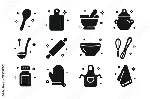 Rustic Kitchen Icon Set. Rustic Kitchen Tools. Solid icons set of Rustic Kitchen Tools: wooden spoon, cutting board, mortar and pestle, clay pot, ladle,