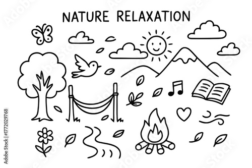 Nature Doodle Escape. Nature relaxation. Hand-drawn doodle illustration nature relaxation tree, river, mountain, hammock, sun, clouds, leaves, bird, butterfly,