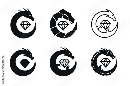Fairy-Tale Dragon Logos. fairy-tale creatures. Set Logo of fairy-tale creatures: Dragon curled around gem. Icon set. harmonious logo variations of the same