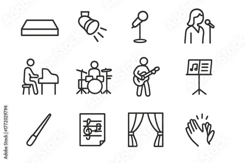 Theater Icon Set. A Musical Theater Cast Rehearsing a Song in Front of a Live Band. Line icon set of A Musical Theater Cast Rehearsing a Song in Front of a