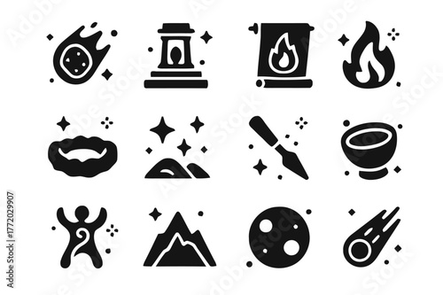 Ancient Mythical Icons. Ancient meteorites and myths. Solid icons set of Ancient meteorites and myths: glowing stone, temple altar, ancient scroll, flame