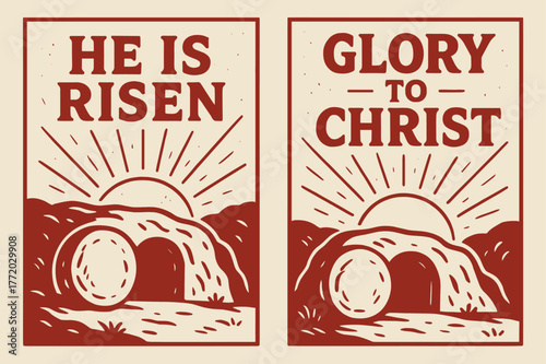 Resurrection Celebration Banners. Resurrection Glory. Two vertical A6 banners with safe margins, centered composition, no elements touching edges, cartoon,