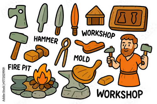 Bronze Age Tools. Bronze Age tools. Colorful Hand-drawn doodle Children illustration Bronze Age tools axe head, knife blade, spear point, hammer, tongs, mold,