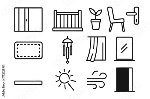 Balcony Icon Collection. Balcony and Terrace. Line icon set of Balcony and Terrace: sliding door open, railings, potted plant, outdoor chair, doormat, wind