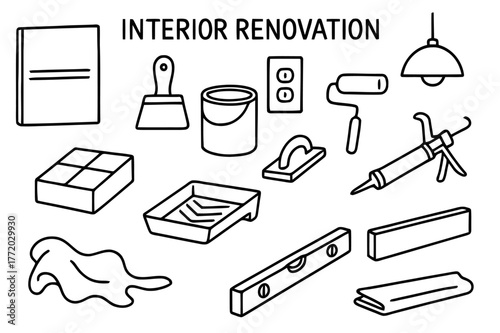 Interior Renovation Tools. Interior renovation. Hand-drawn doodle illustration interior renovation drywall sheet, putty knife, paint can, roller tray, light