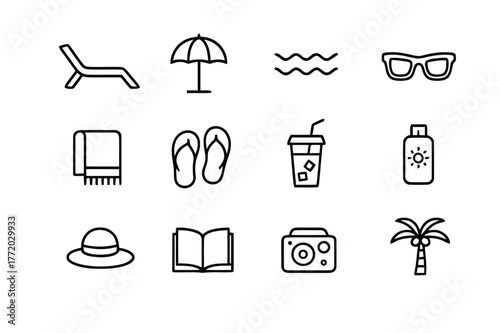 Poolside Relaxation Icons. Relaxing by the Pool. Line icon set of Relaxing by the Pool: sun lounger, umbrella, pool water ripples, sunglasses, towel, flip