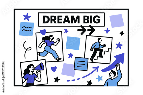 Vibrant Vision Board. Vision Board. A big collage frame with floating sticky notes and magazine cutouts; bold headline ?DREAM BIG? hovers above arrows pointing