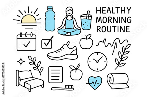 Energizing Morning Doodle. Healthy morning routine. Hand-drawn doodle illustration healthy morning routine [sunrise (accented), water bottle (accented), yoga