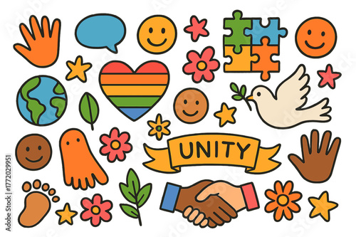 Unity in Diversity. Diversity and inclusion. Colorful Hand-drawn doodle Children illustration Diversity and inclusion hands of all colors, rainbow heart,