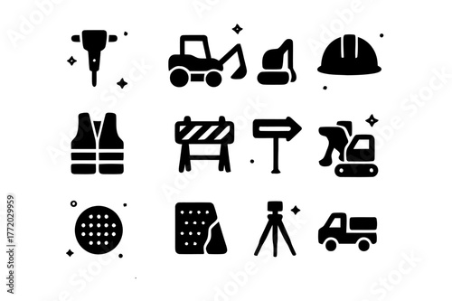 Roadwork Icons Collection. Roadwork and maintenance. Solid icons set of Roadwork and maintenance: jackhammer, road roller, excavator, hard hat, safety vest,
