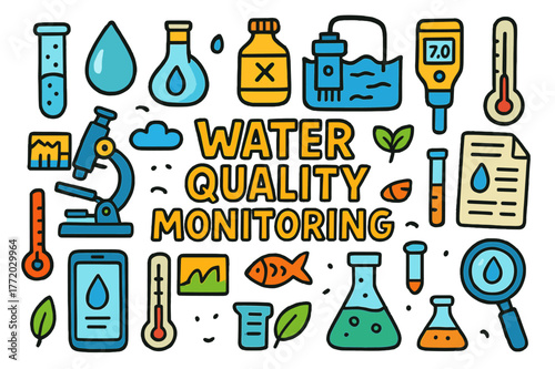 Colorful Water Quality Icons. Water Quality Monitoring. Colorful Hand-drawn doodle Children illustration Water Quality Monitoring test tube, microscope,