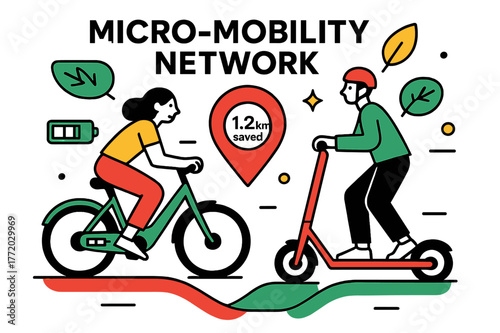 E-Bike Mobility Map. Micro-Mobility Network. E-bikes and scooters glide in clean lanes; a map pin reads ?. km saved.? Battery bars and leaf badges float like