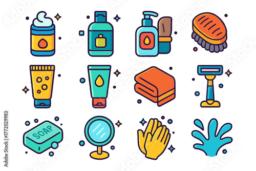 Men's Skincare Icons. Men?s skincare hygiene. Colorful isometric vector icons set of Men?s skincare hygiene: shaving cream, aftershave balm, face cleanser,