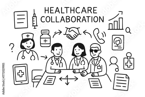 Medical Teamwork Doodle. Healthcare collaboration. Hand-drawn doodle illustration medical staff, discussion, meeting table, notes, syringe, medicine bottle,