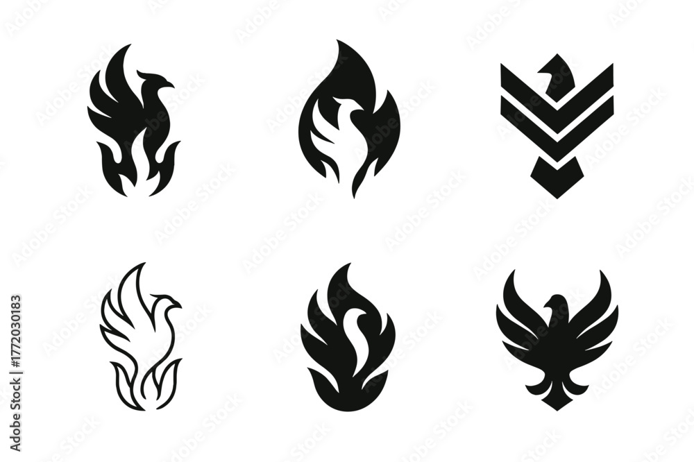 Naklejka premium Fairy-tale Logo Set. fairy-tale creatures. Set Logo of fairy-tale creatures: Phoenix rising plume. Icon set. harmonious logo variations of the same emblematic
