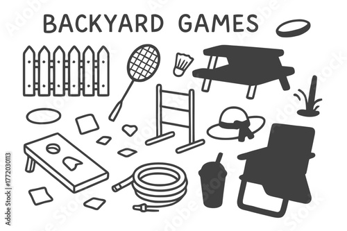 Backyard Games Doodle. Backyard games. Hand-drawn doodle illustration backyard games lawn, picket fence, picnic table, frisbee, badminton racket, shuttlecock,